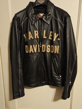 Harley-Davidson Black Leather Bomber with Gold Lettering